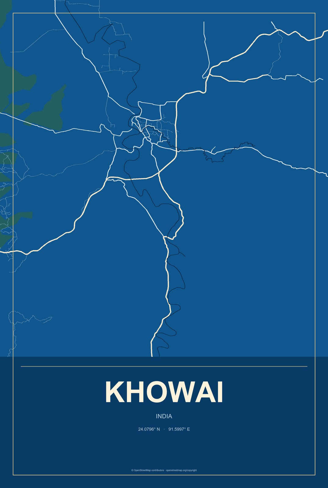 Khowai, India City Map Aluminum Sign in Harbor Cobalt style