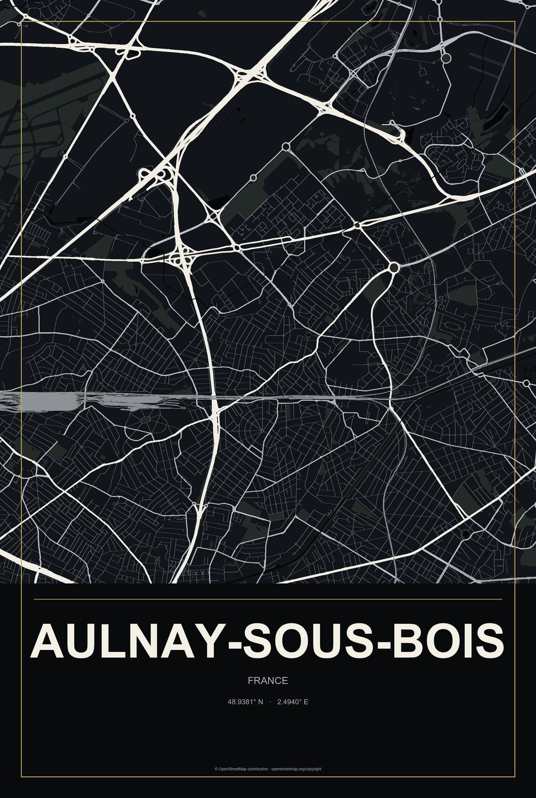 Aulnay-sous-Bois, France City Map Aluminum Sign in Metropolitan Noir style