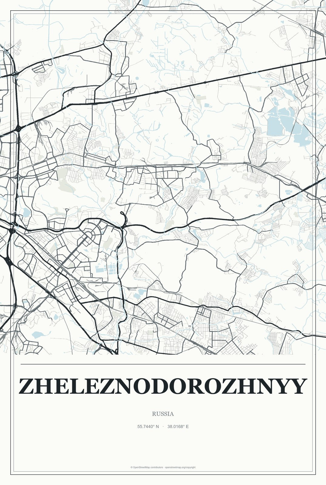 Zheleznodorozhnyy, Russia City Map Aluminum Sign in Gallery Air style
