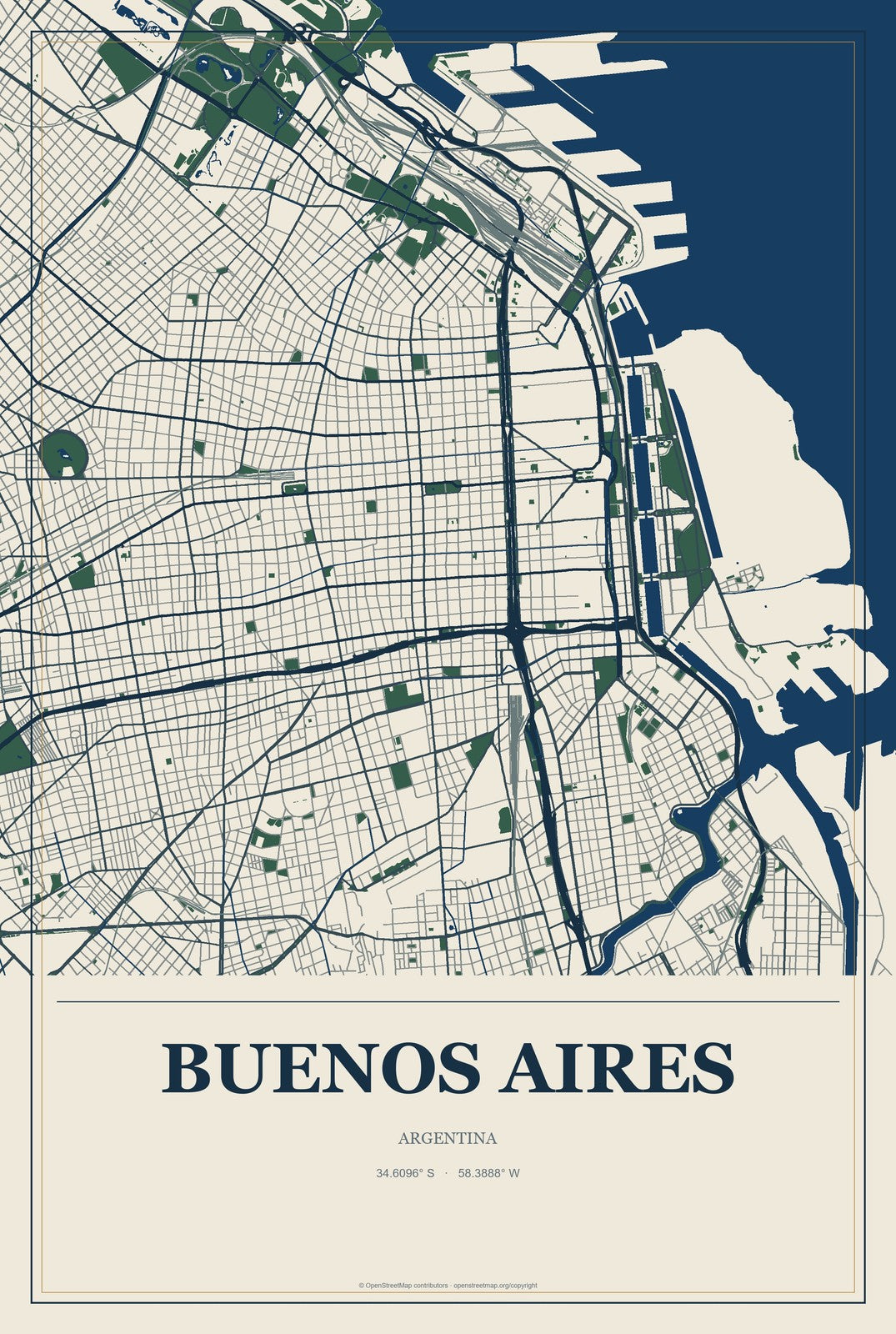 Buenos Aires, Argentina City Map Aluminum Sign in Coastal Cutout style
