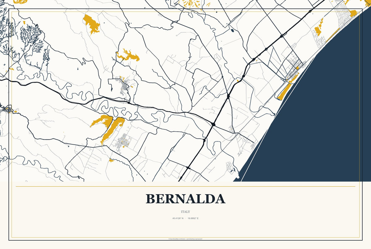 Bernalda, Italy City Map Aluminum Sign in Citrine Modern style