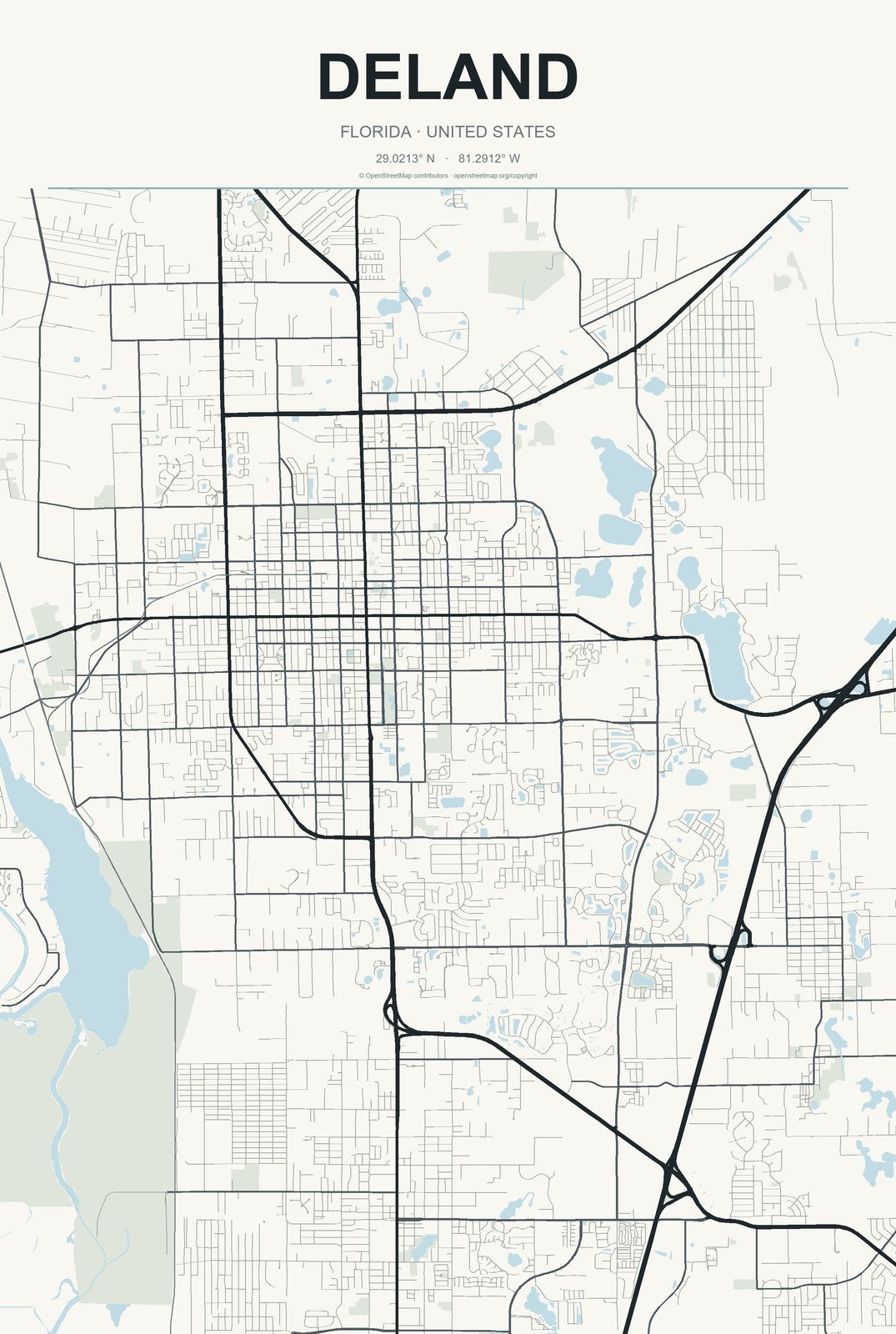 DeLand, Florida City Map Aluminum Sign in Headline Atlas style