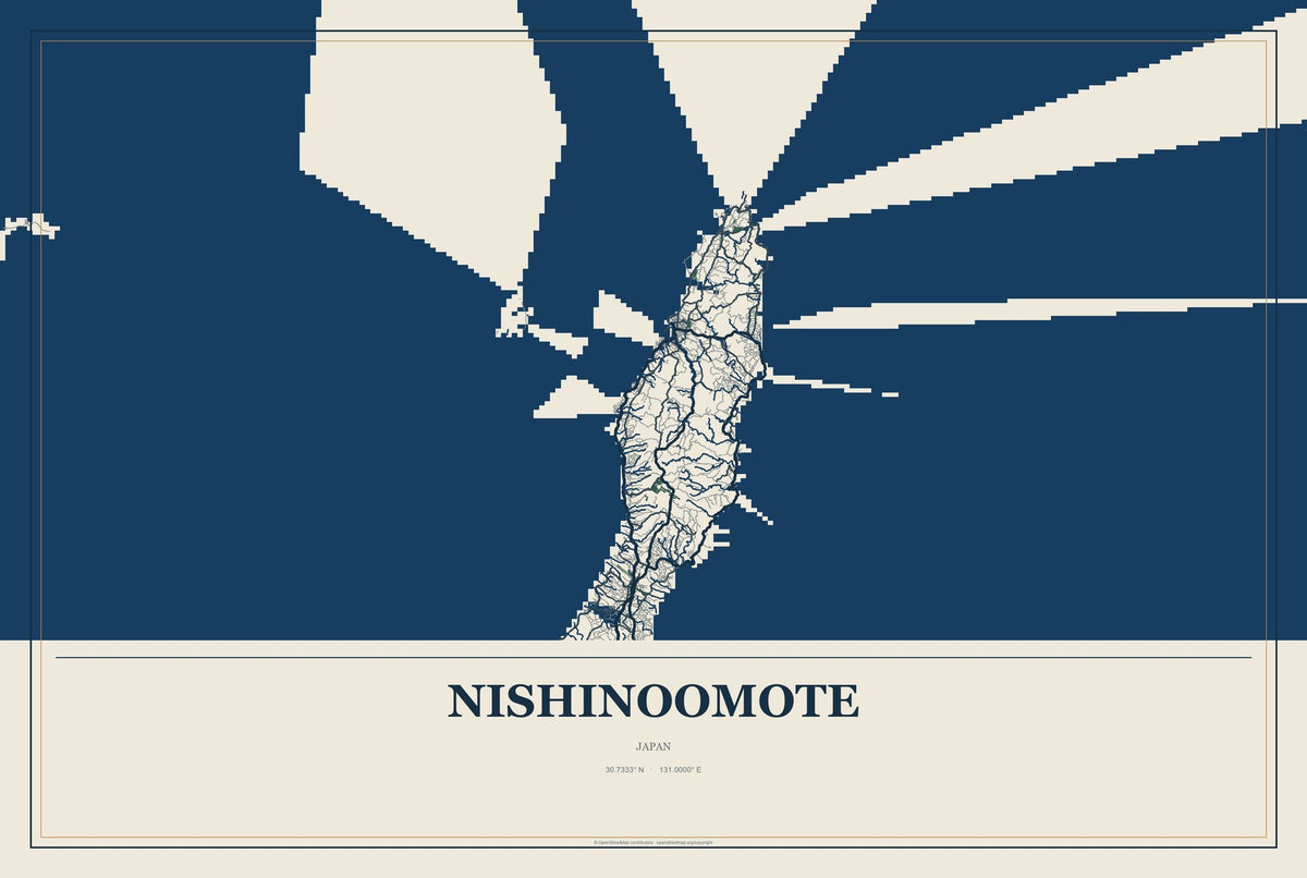 Nishinoomote, Japan City Map Aluminum Sign in Coastal Cutout style