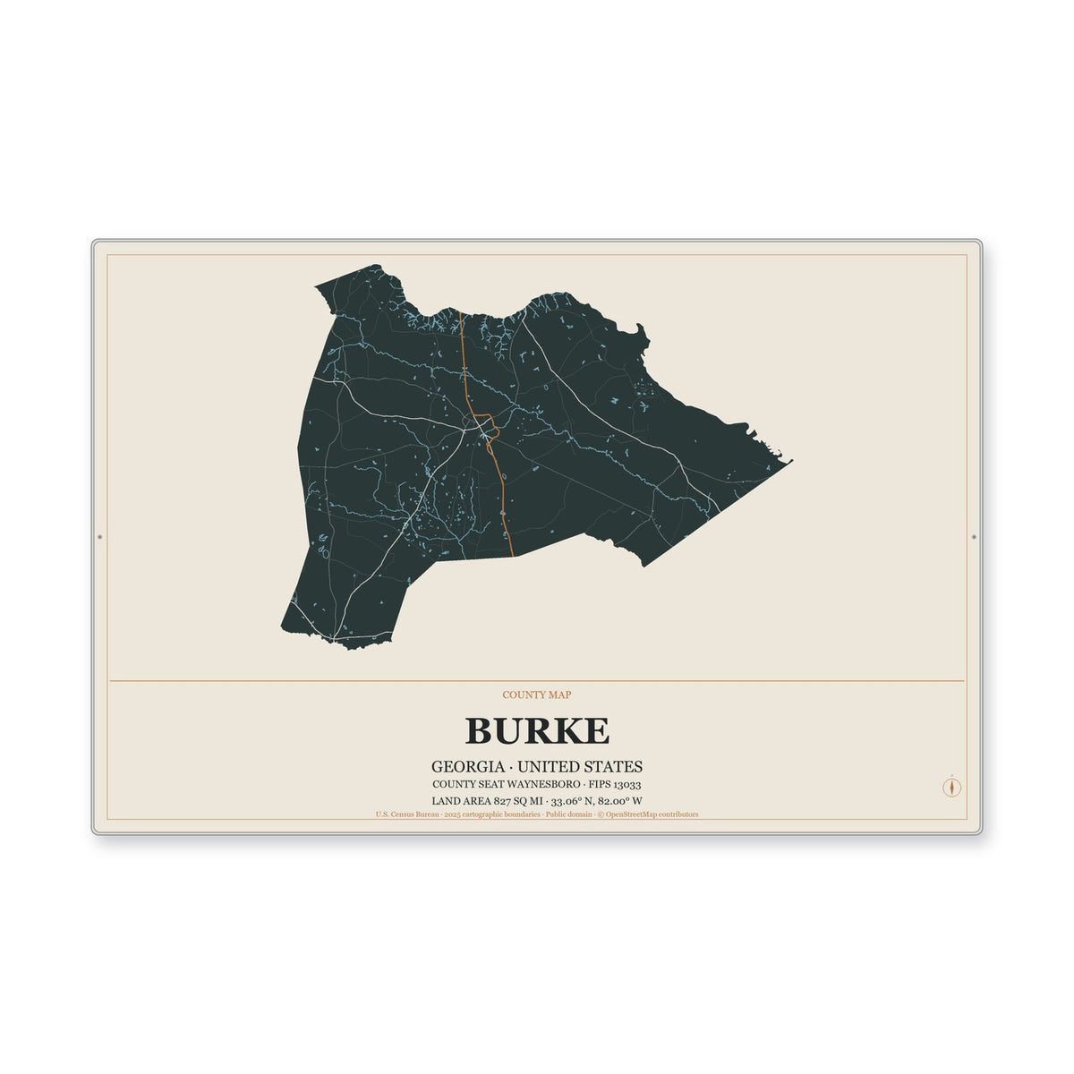 Burke County, Georgia Map Aluminum Sign in Headline Atlas style