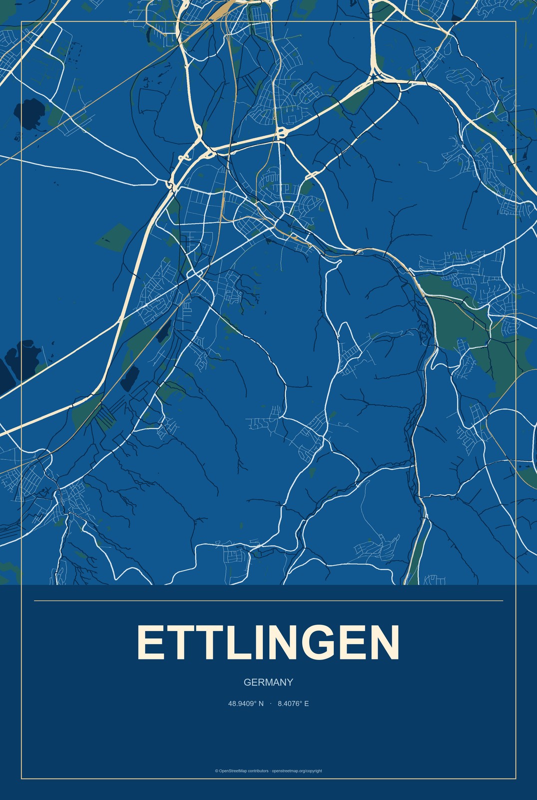 Ettlingen, Germany City Map Aluminum Sign in Harbor Cobalt style
