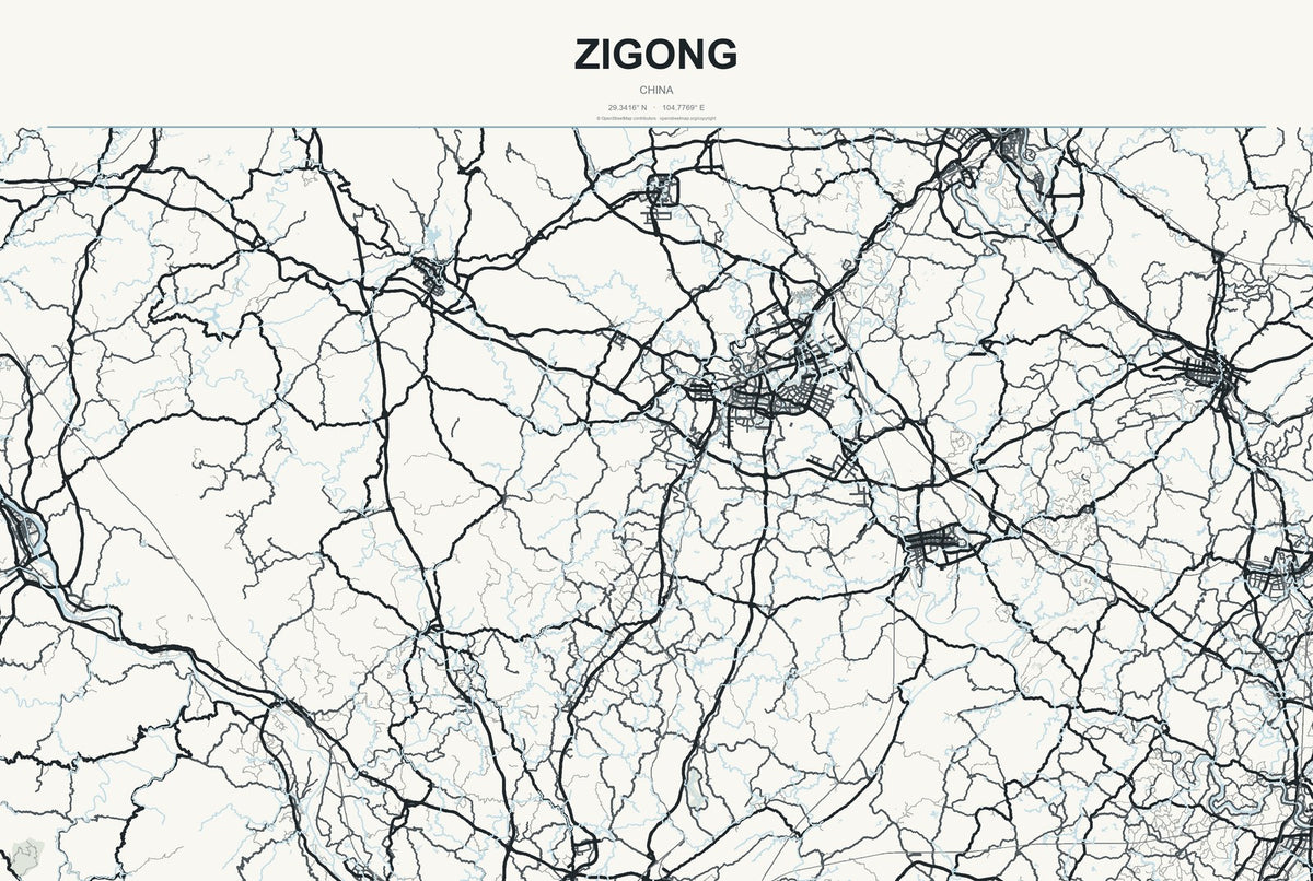 Zigong, China City Map Aluminum Sign in Headline Atlas style