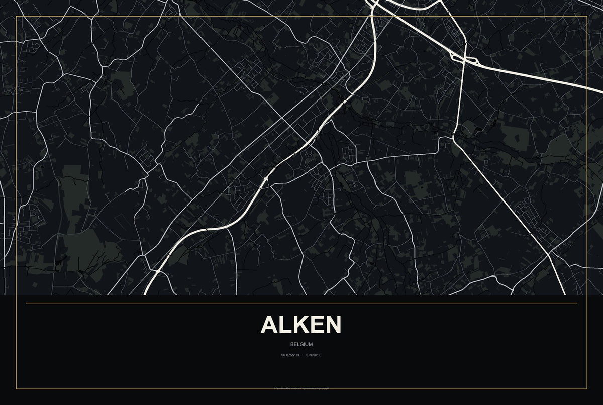 Alken, Belgium City Map Aluminum Sign in Metropolitan Noir style