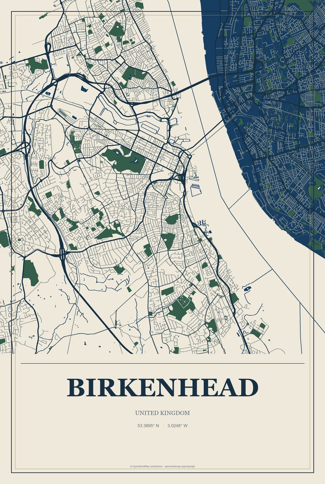 Birkenhead, United Kingdom City Map Aluminum Sign in Coastal Cutout style