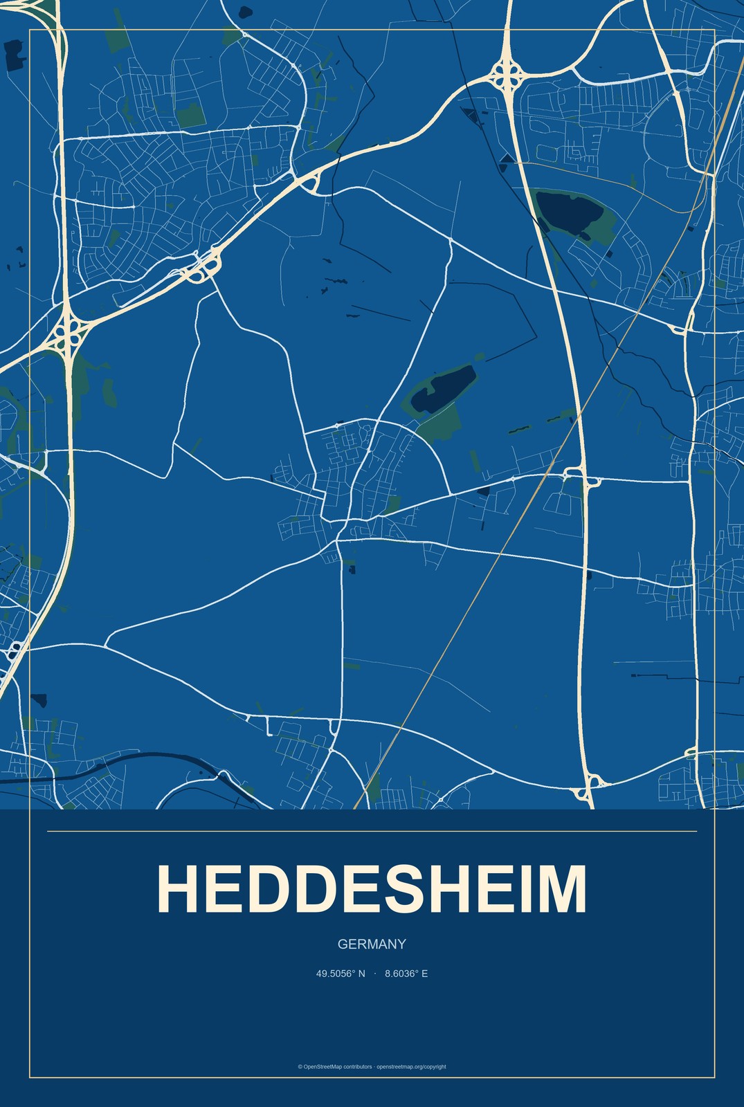 Heddesheim, Germany City Map Aluminum Sign in Harbor Cobalt style