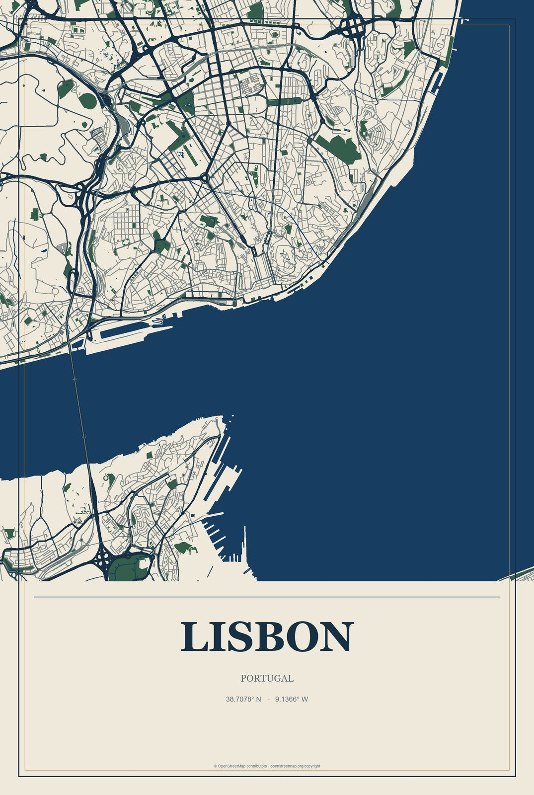 Lisbon, Portugal City Map Aluminum Sign in Coastal Cutout style