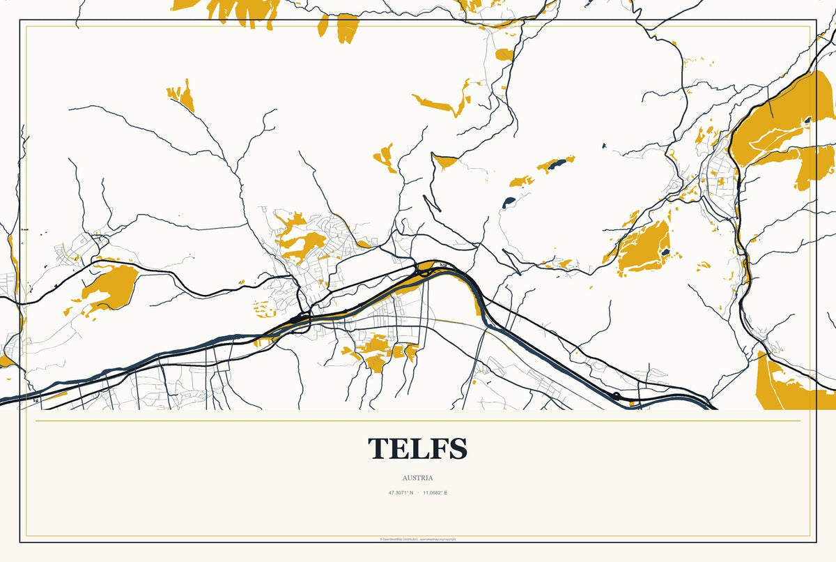 Telfs, Austria City Map Aluminum Sign in Citrine Modern style