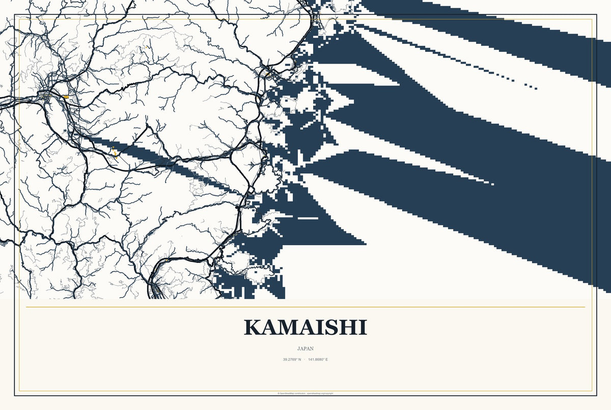 Kamaishi, Japan City Map Aluminum Sign in Citrine Modern style