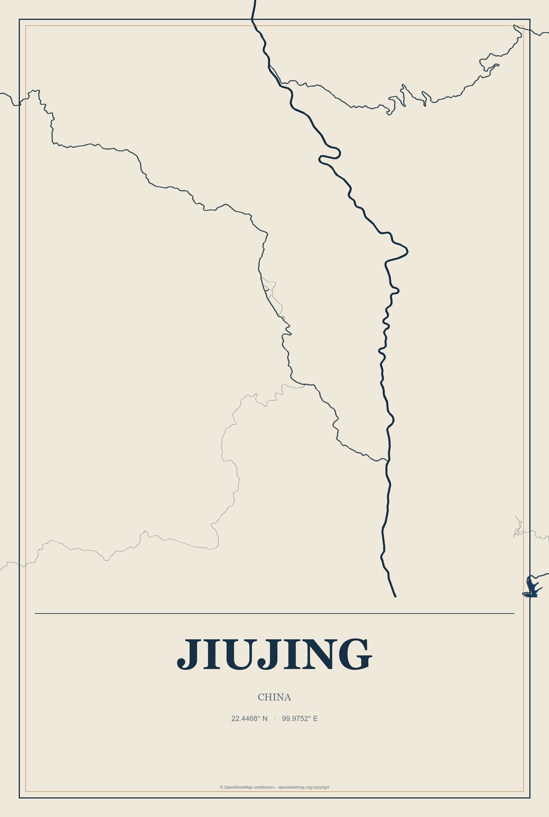 Jiujing, China City Map Aluminum Sign in Coastal Cutout style