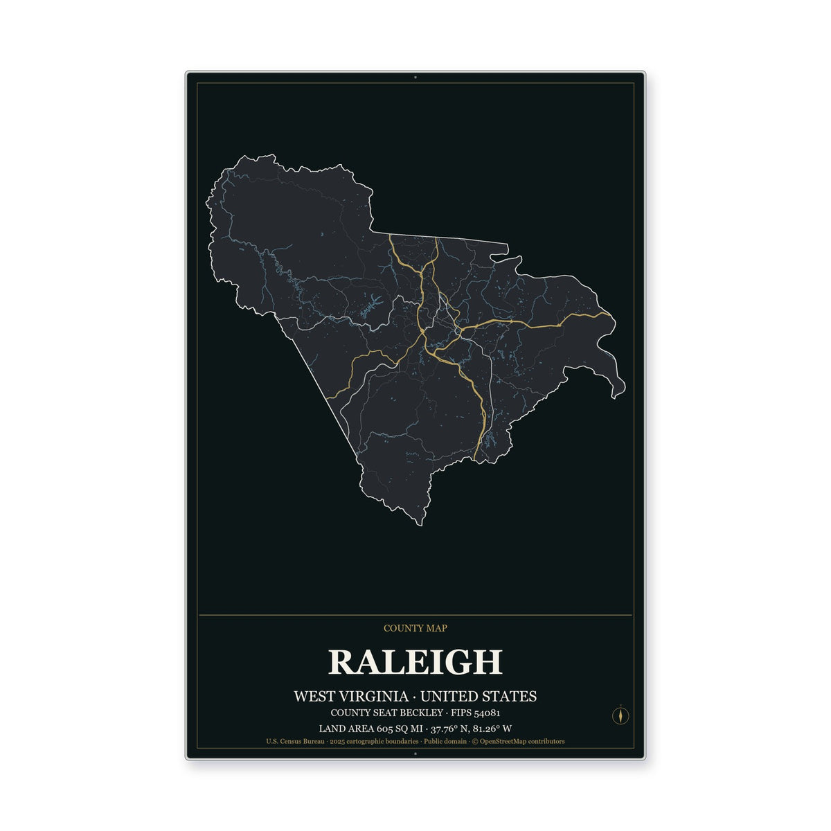 Raleigh County, West Virginia Map Aluminum Sign in Metropolitan Noir style