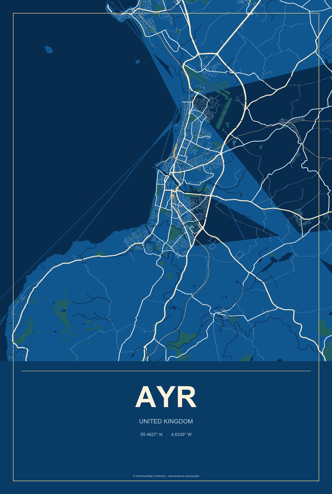 Ayr, United Kingdom City Map Aluminum Sign in Harbor Cobalt style