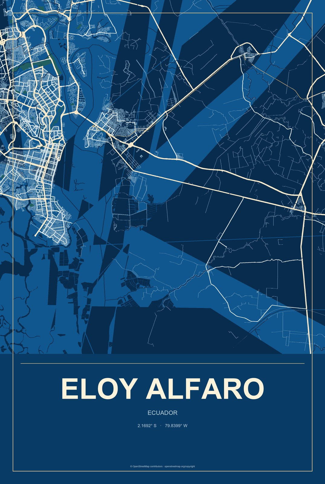 Eloy Alfaro, Ecuador City Map Aluminum Sign in Harbor Cobalt style
