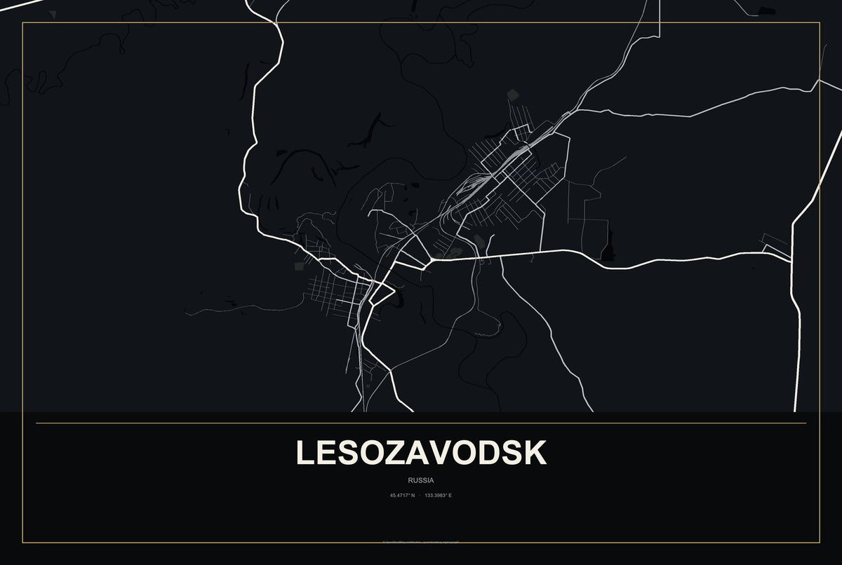Lesozavodsk, Russia City Map Aluminum Sign in Metropolitan Noir style