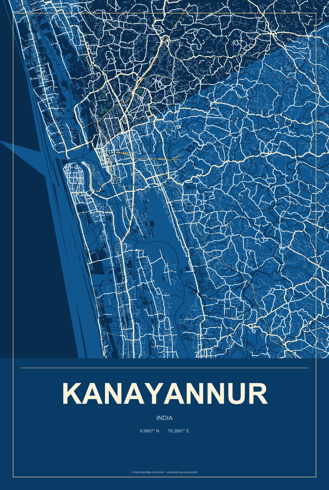Kanayannur, India City Map Aluminum Sign in Harbor Cobalt style