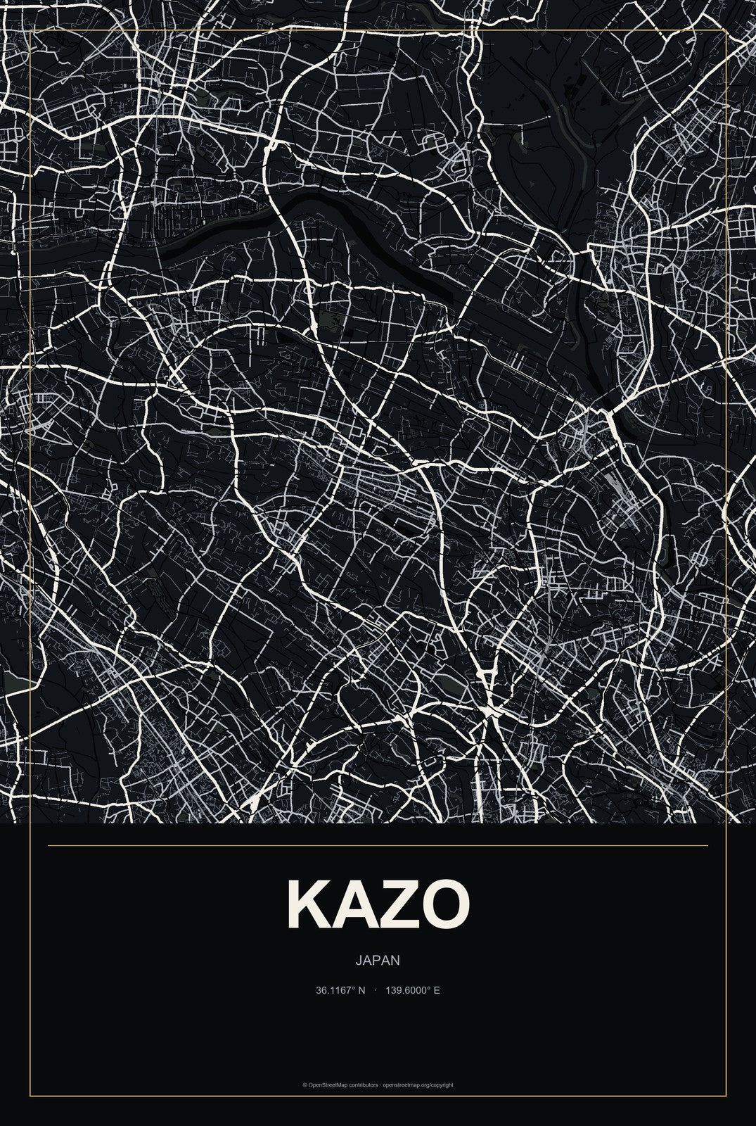 Kazo, Japan City Map Aluminum Sign in Metropolitan Noir style