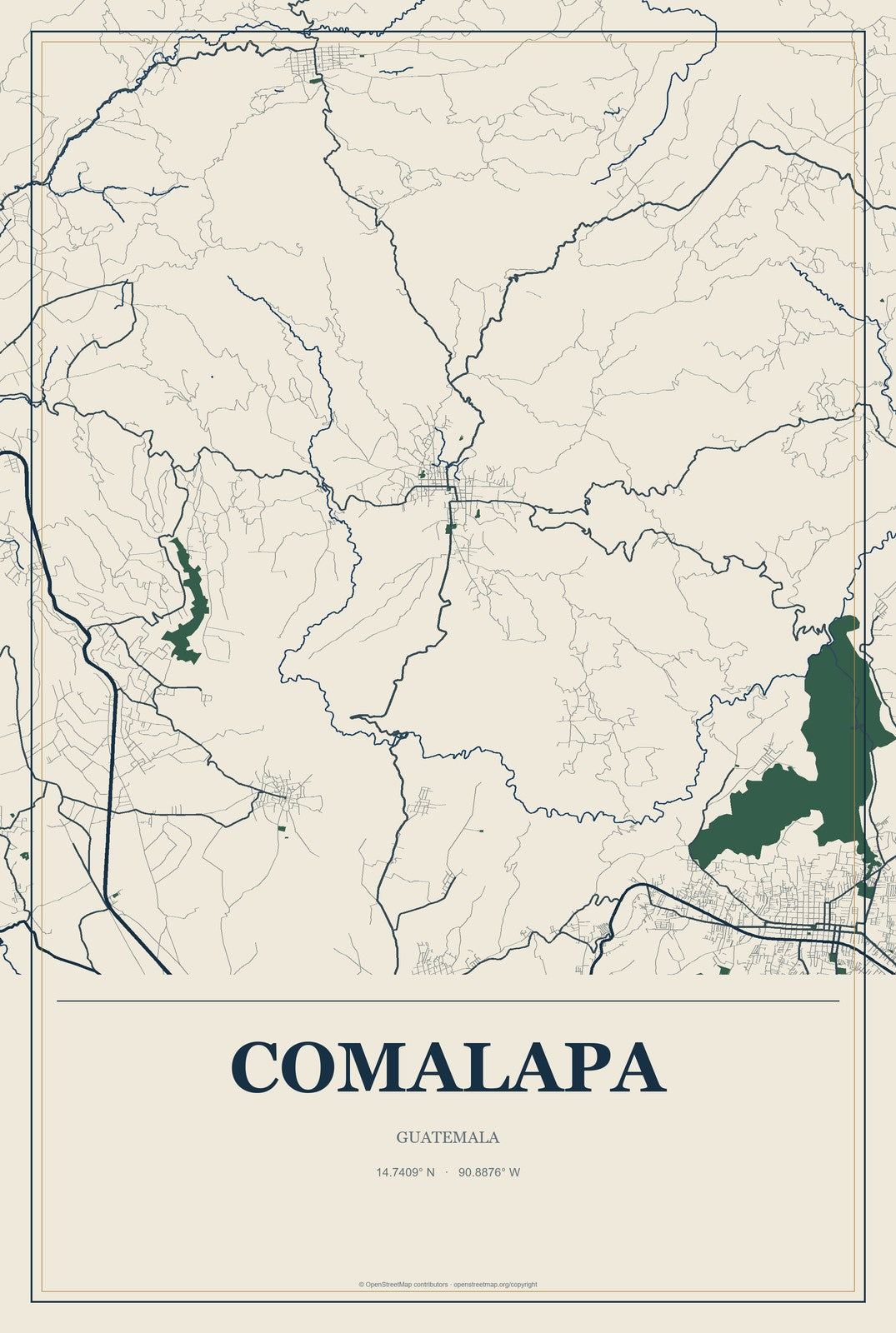 Comalapa, Guatemala City Map Aluminum Sign in Coastal Cutout style