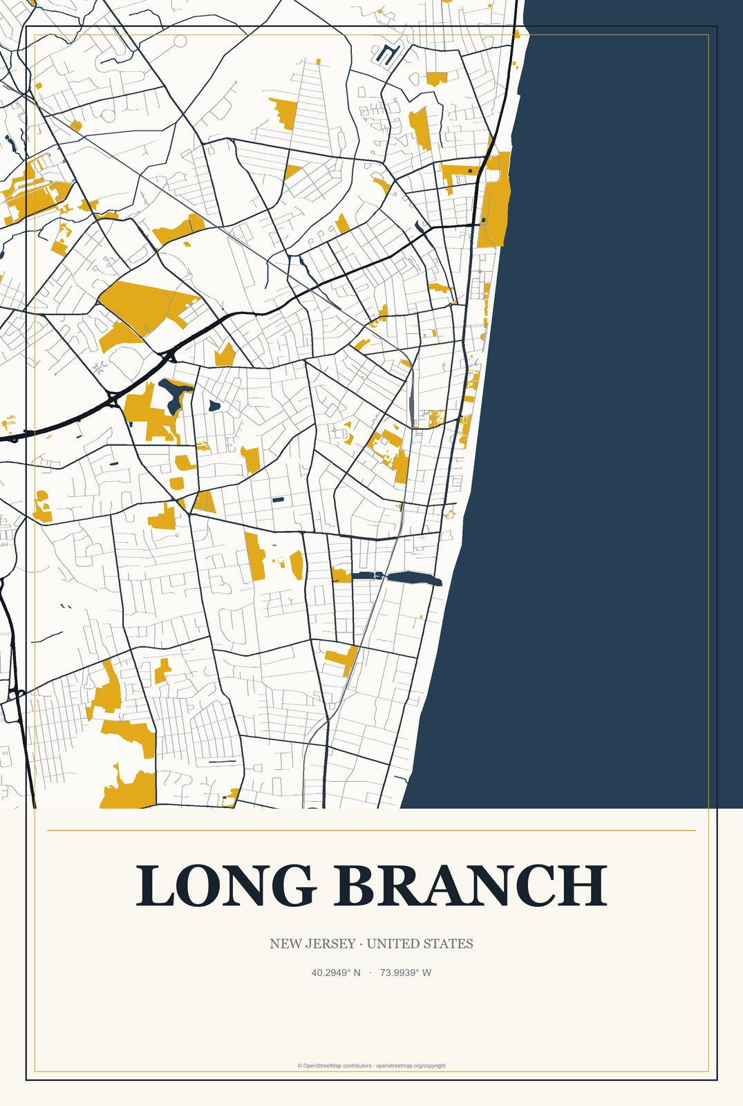 Long Branch, New Jersey City Map Aluminum Sign in Citrine Modern style