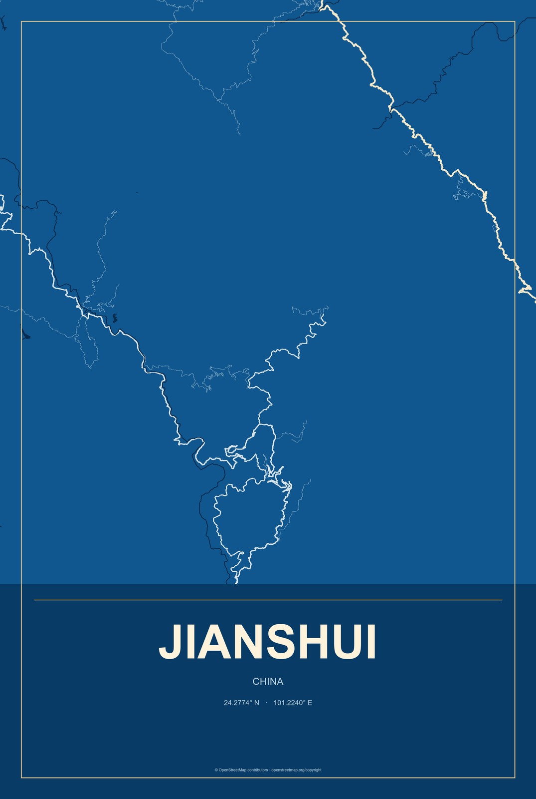 Jianshui, China City Map Aluminum Sign in Harbor Cobalt style
