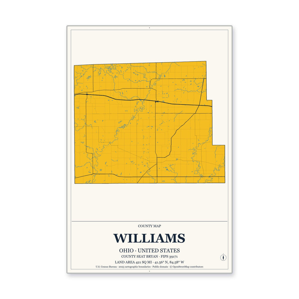 Williams County, Ohio Map Aluminum Sign in Citrine Modern style