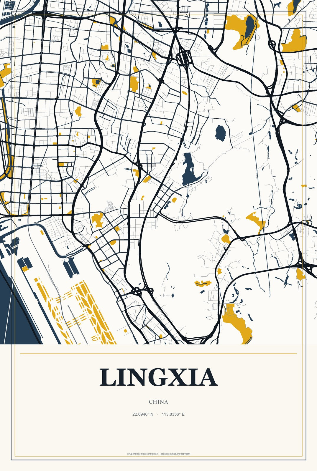 Lingxia, China City Map Aluminum Sign in Citrine Modern style