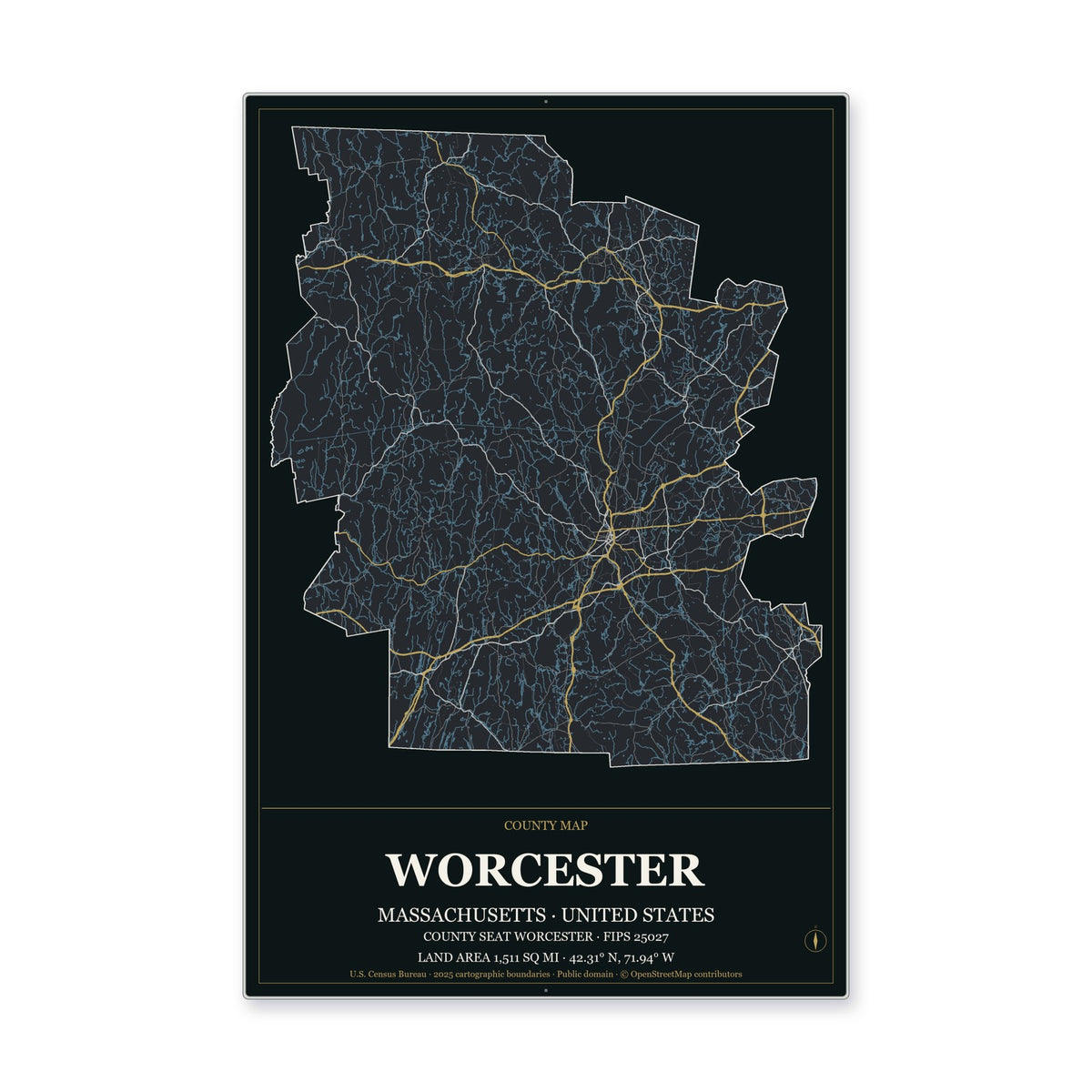 Worcester County, Massachusetts Map Aluminum Sign in Metropolitan Noir style