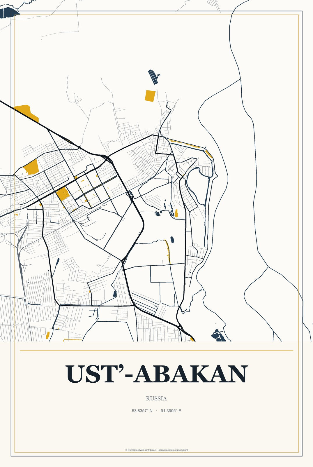 Ust’-Abakan, Russia City Map Aluminum Sign in Citrine Modern style