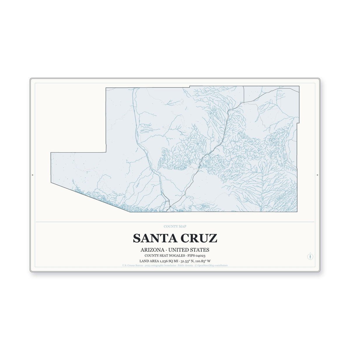 Santa Cruz County, Arizona Map Aluminum Sign in Gallery Air style