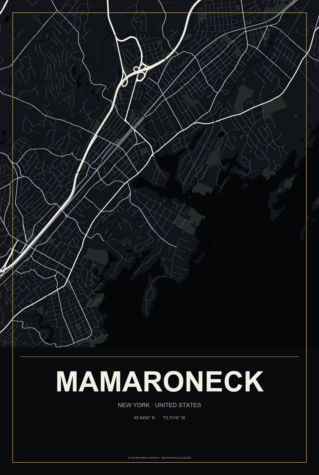 Mamaroneck, New York City Map Aluminum Sign in Metropolitan Noir style