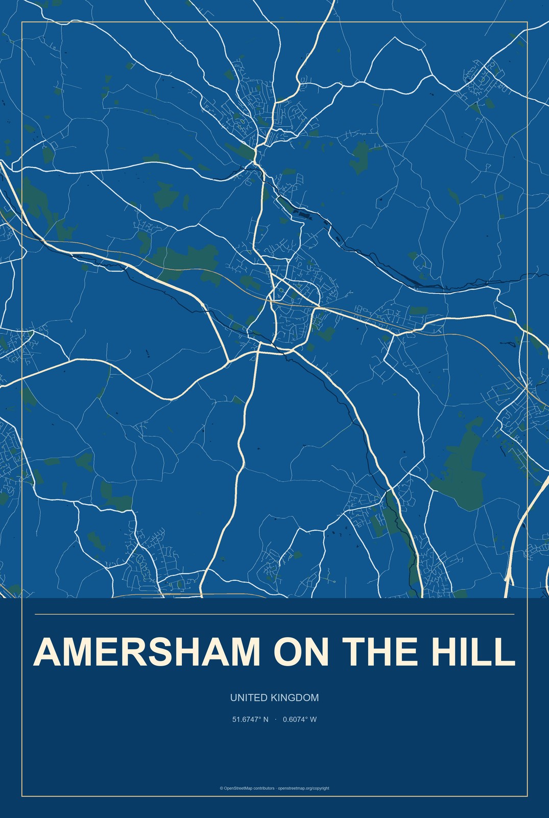 Amersham on the Hill, United Kingdom City Map Aluminum Sign in Harbor Cobalt style