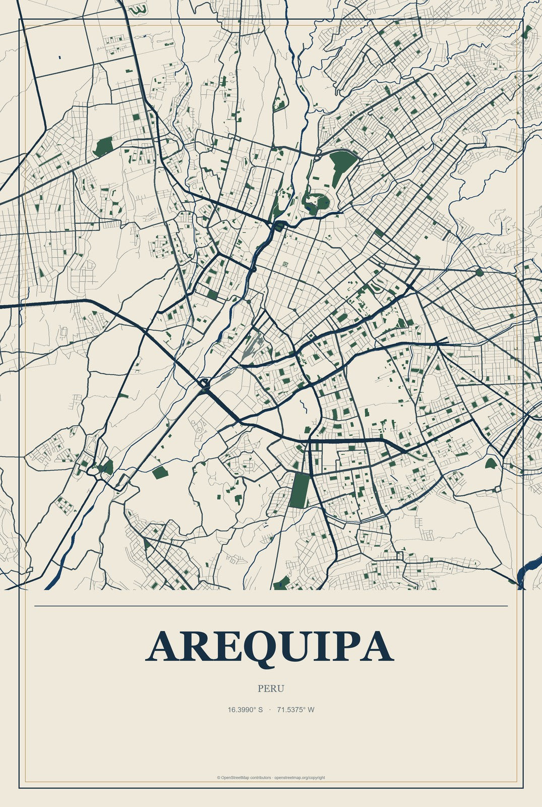 Arequipa, Peru City Map Aluminum Sign in Coastal Cutout style