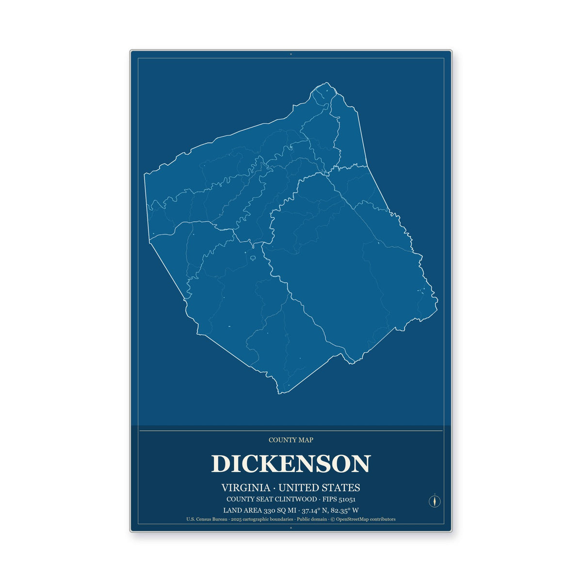 Dickenson County, Virginia Map Aluminum Sign in Harbor Cobalt style