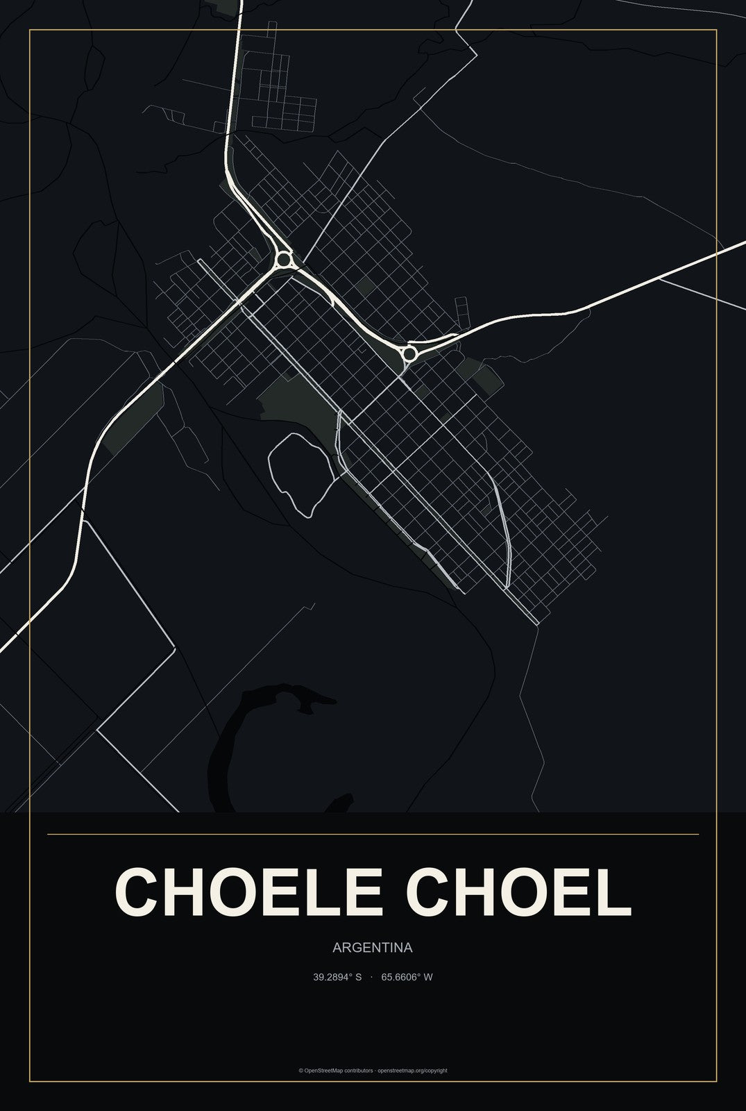 Choele Choel, Argentina City Map Aluminum Sign in Metropolitan Noir style