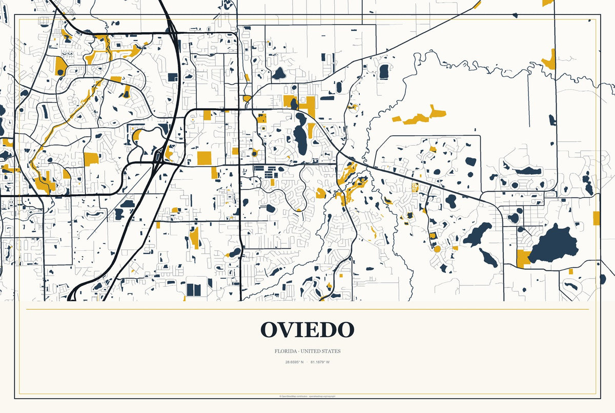 Oviedo, Florida City Map Aluminum Sign in Citrine Modern style