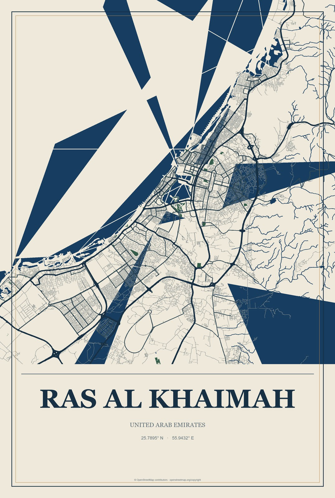 Ras Al Khaimah, United Arab Emirates City Map Aluminum Sign in Coastal Cutout style