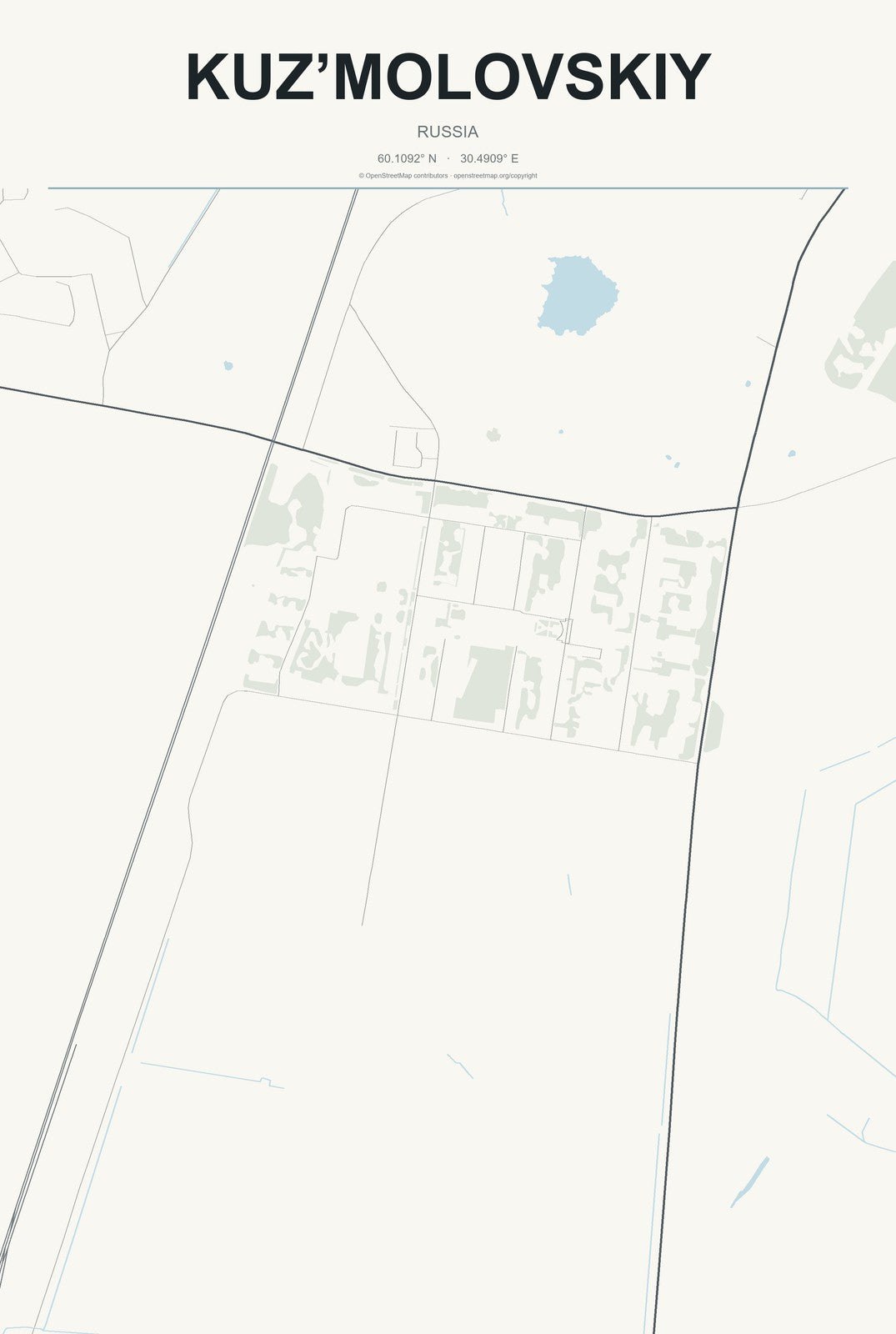Kuz’molovskiy, Russia City Map Aluminum Sign in Headline Atlas style