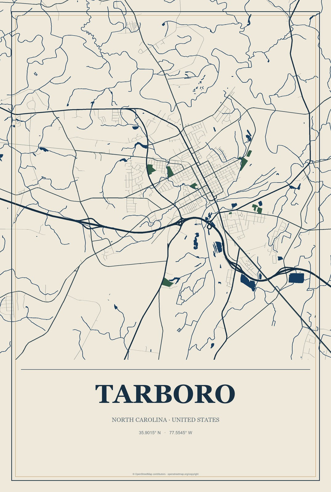 Tarboro, North Carolina City Map Aluminum Sign in Coastal Cutout style