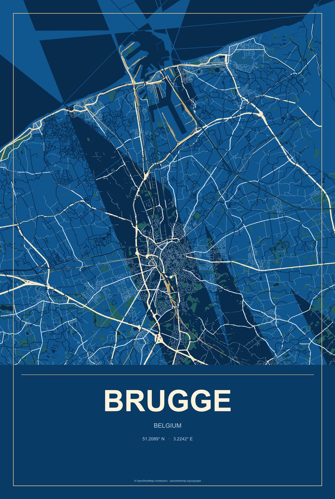 Brugge, Belgium City Map Aluminum Sign in Harbor Cobalt style