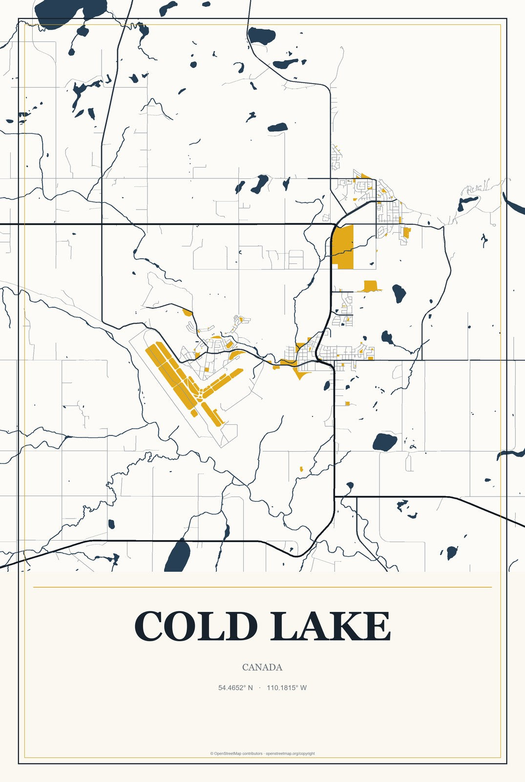 Cold Lake, Canada City Map Aluminum Sign in Citrine Modern style