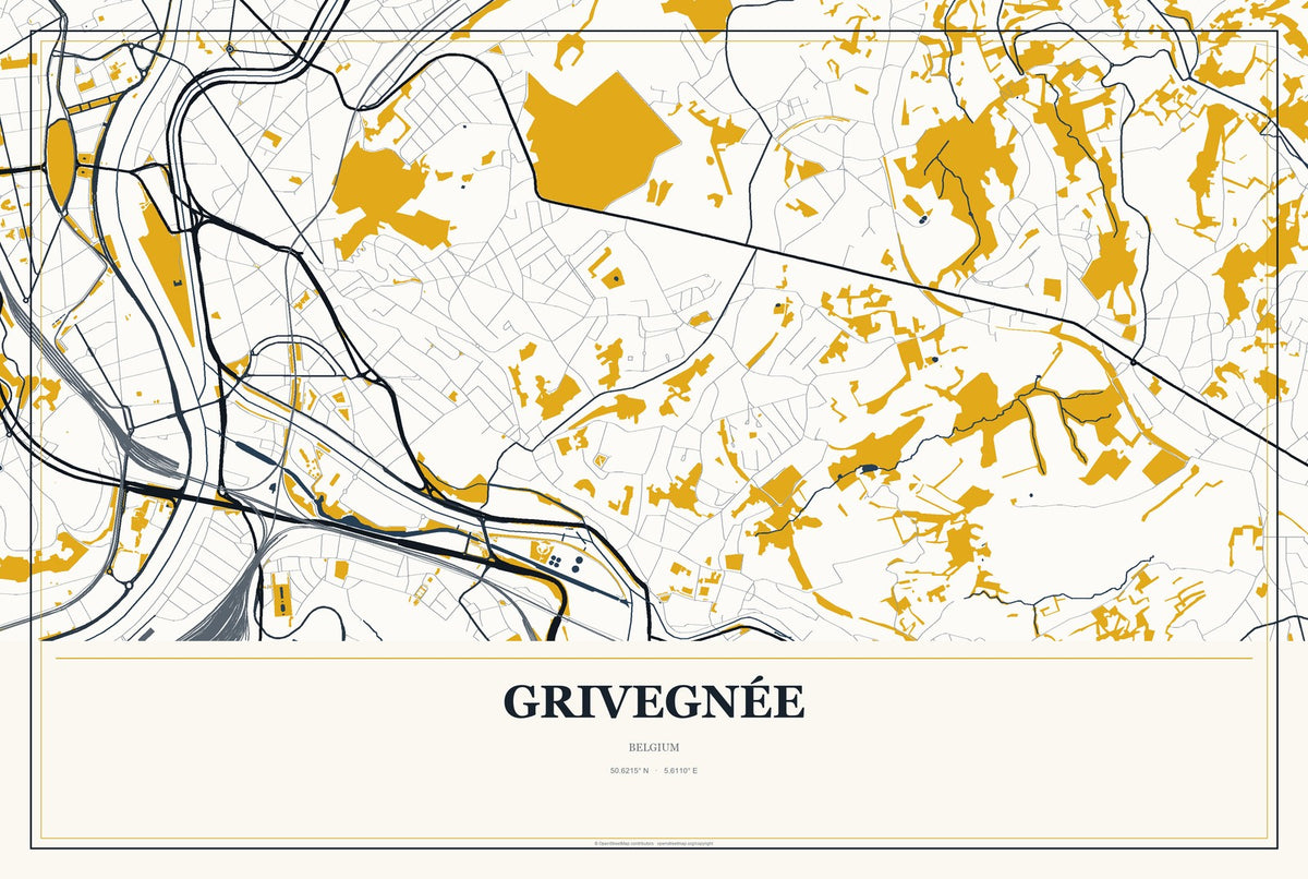 Grivegnée, Belgium City Map Aluminum Sign in Citrine Modern style