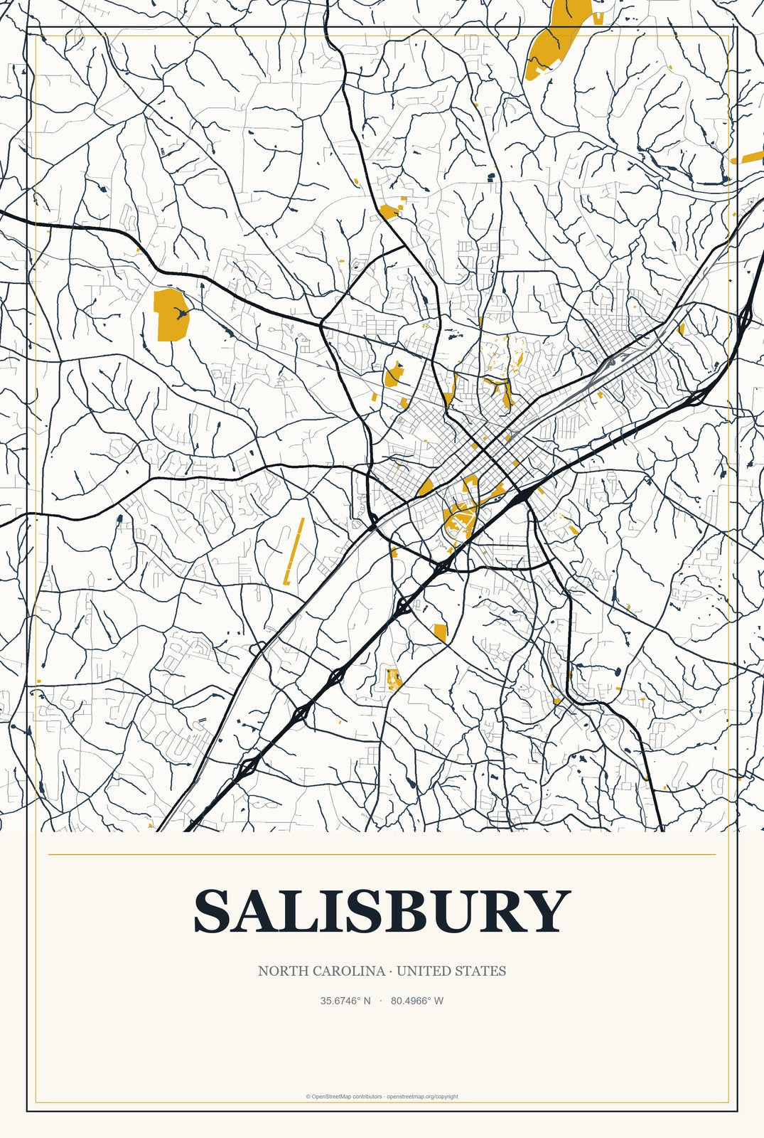 Salisbury, North Carolina City Map Aluminum Sign in Citrine Modern style