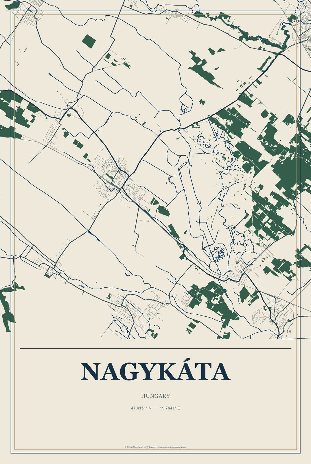 Nagykáta, Hungary City Map Aluminum Sign in Coastal Cutout style