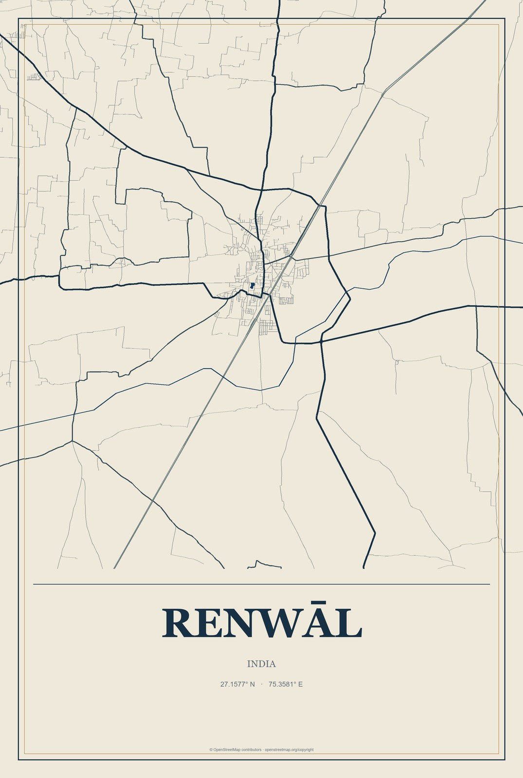 Renwāl, India City Map Aluminum Sign in Coastal Cutout style