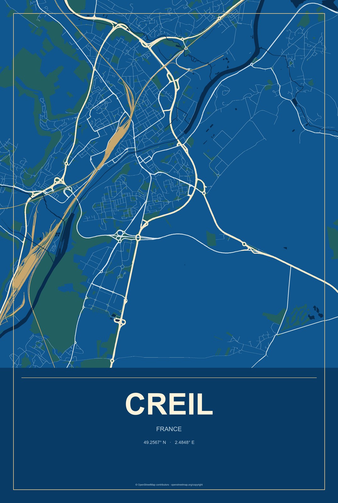 Creil, France City Map Aluminum Sign in Harbor Cobalt style