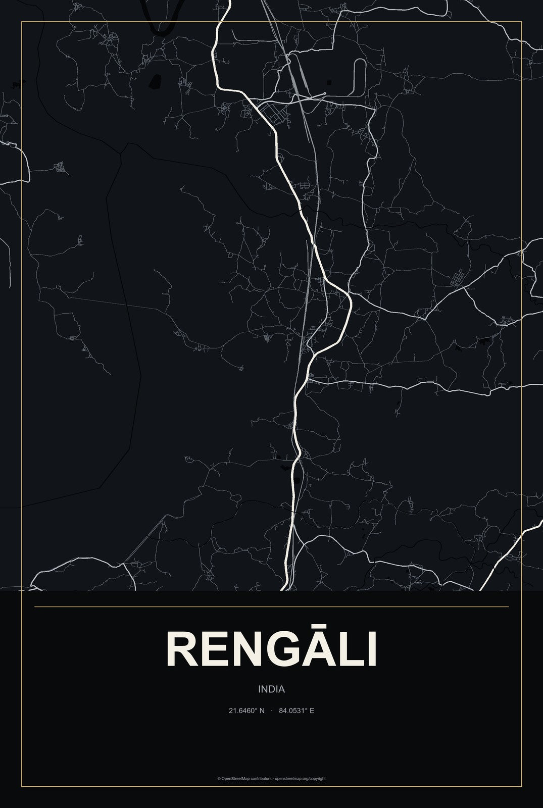 Rengāli, India City Map Aluminum Sign in Metropolitan Noir style