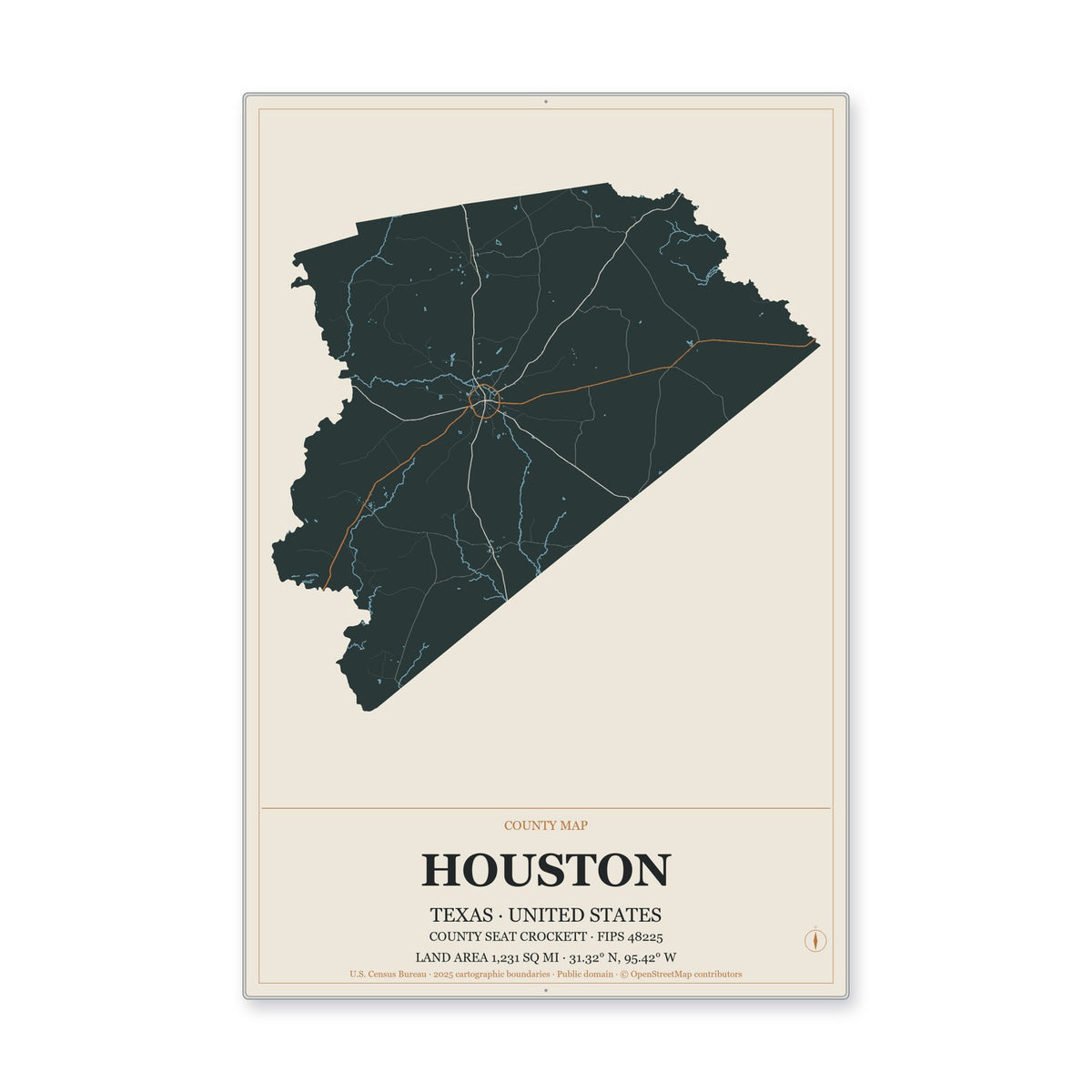 Houston County, Texas Map Aluminum Sign in Headline Atlas style