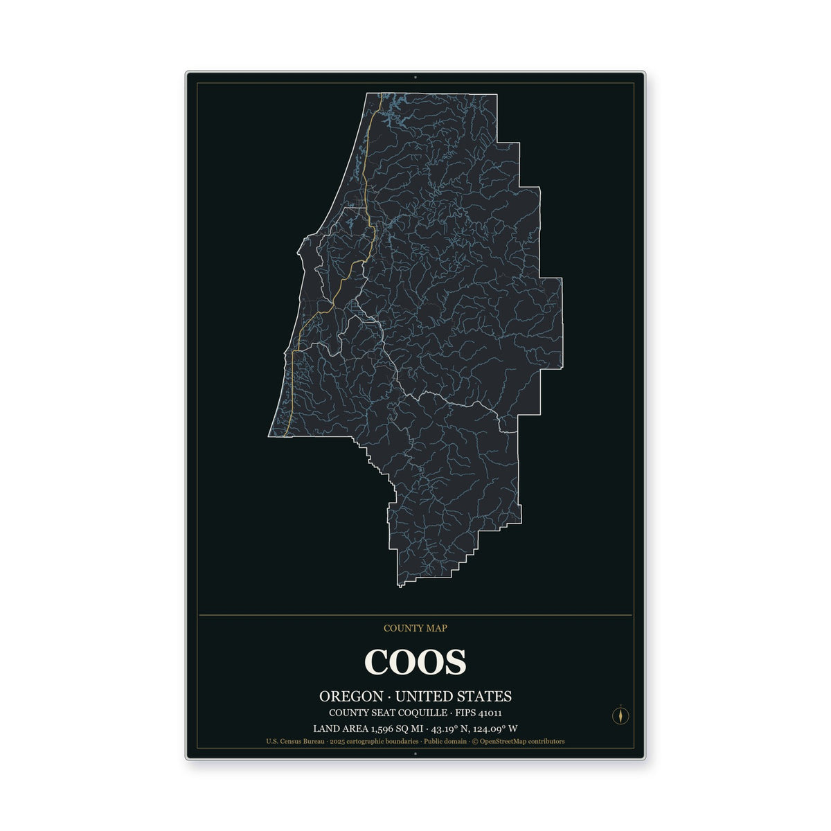 Coos County, Oregon Map Aluminum Sign in Metropolitan Noir style